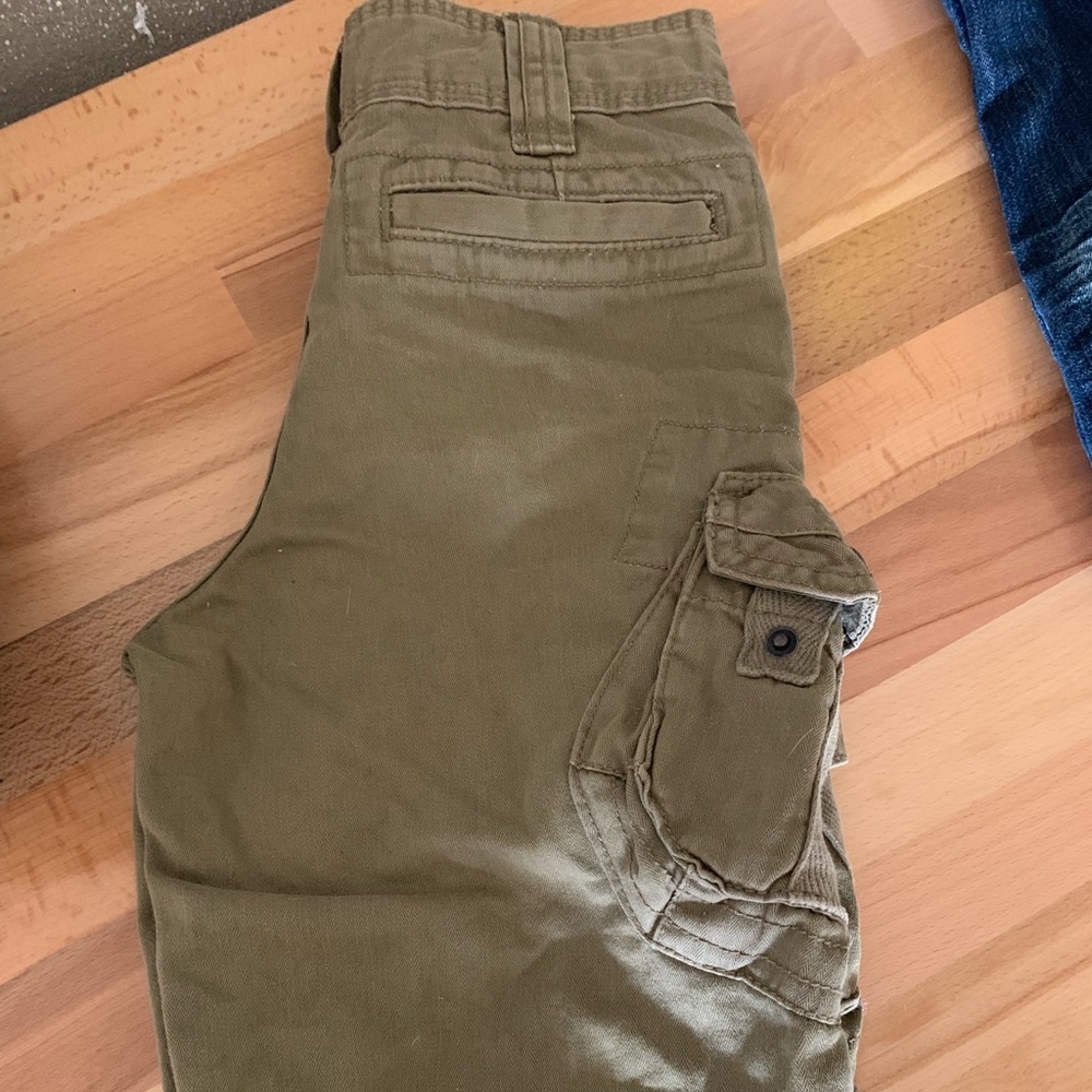 Olive cargo shorts.